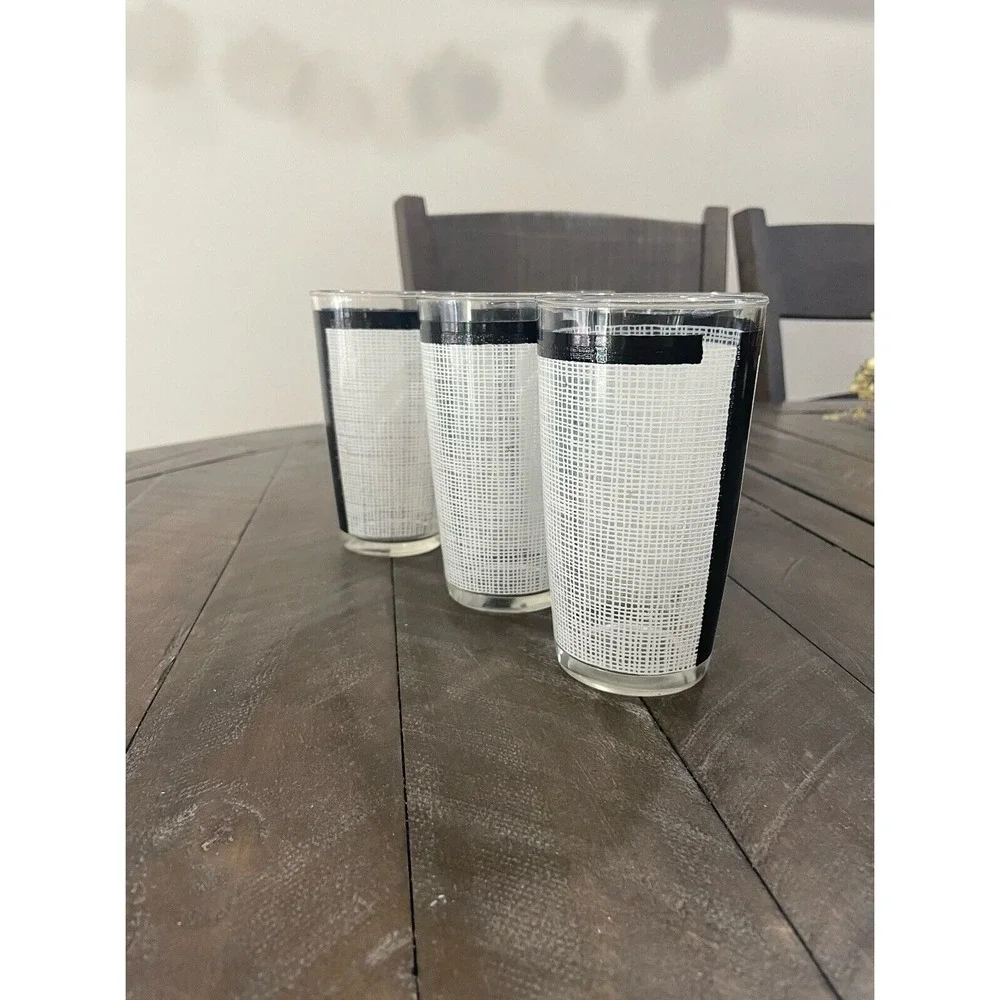 Vintage WHITE BURLAP 6 GLASSES‎ BLACK BORDER~11oz~BEVERAGE~TUMBLER Barware